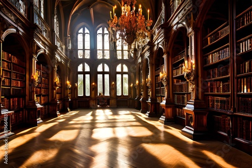 Majestic Library Hall Illuminated by Sunlight, Featuring Ornate Arched Bookcases. photo