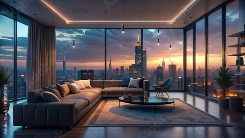 A luxurious living room with sleek, minimalist furniture and floor-to-ceiling windows offering a panoramic view of the city skyline. photo
