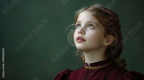 Solemn young girl in a deep burgundy choir robe  singing  against a deep forest green background.