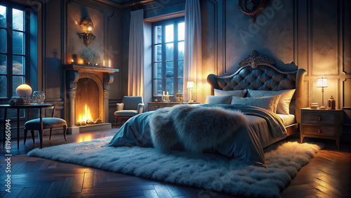 A luxurious bedroom with a plush king-sized bed adorned with soft pillows and a faux fur throw, creating a cozy retreat. photo