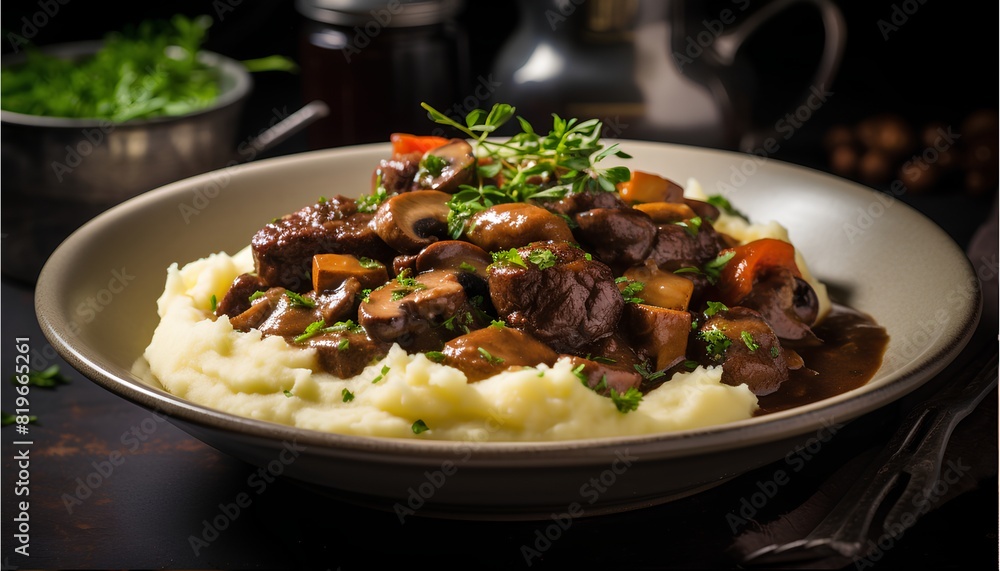 Hearty beer-spiked beef stew is served with creamy mashed potatoes for a shepherd's pie vibe Hearty beer-spiked beef stew is served with creamy mashed potatoes for a shepherd's pie vibe