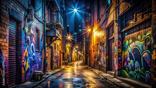 An atmospheric shot of a dimly lit alley adorned with mysterious graffiti artworks, evoking a sense of urban intrigue and excitement photo