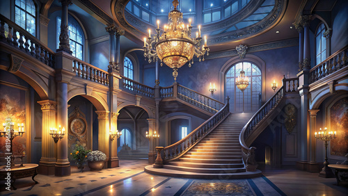 A grand foyer with a sweeping staircase and dazzling chandelier  exuding opulence and sophistication from every angle.