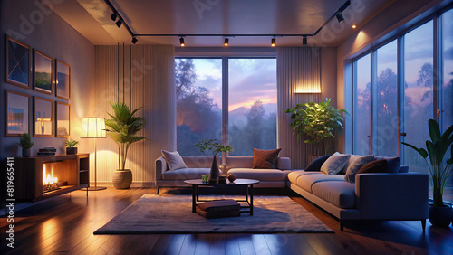 A spacious living room with minimalist furniture, bathed in natural light, accentuated by elegant decor elements. photo
