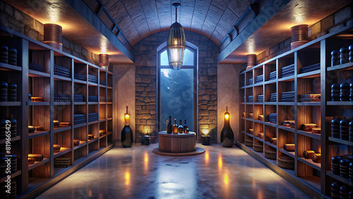 A sophisticated wine cellar with climate-controlled storage, rustic wine racks, and a tasting area, perfect for wine enthusiasts.