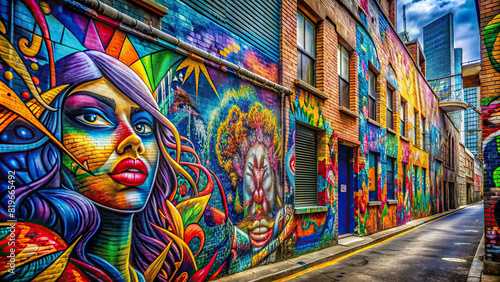 A dynamic shot of a graffiti-covered wall in an urban setting, highlighting the intricate details and vibrant colors of street art © rattinan