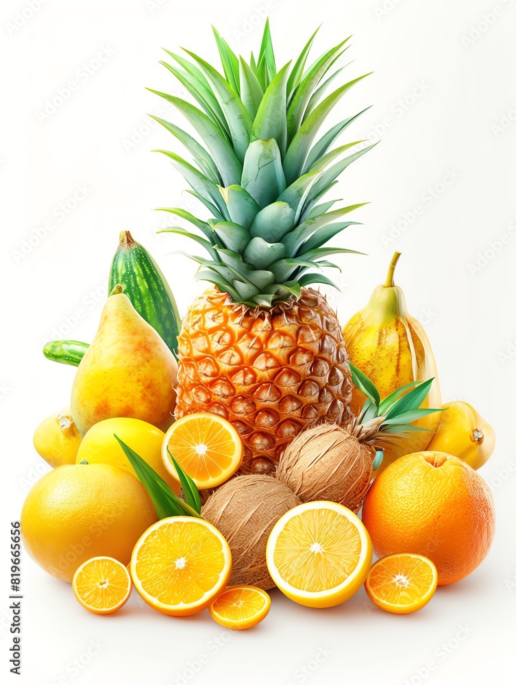 In this delightful composition, a variety of tropical fruits takes center stage against a clean white background. The camera, a professional-grade Sony Alpha a7 III equipped with a macro lens, capture In this delightful composition, a variety of tropical fruits takes center stage against a clean white background. The camera, a professional-grade Sony Alpha a7 III equipped with a macro lens, capture
