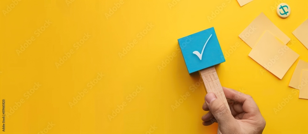 A hand holds a wooden block with a blue check mark stamp A hand holds a wooden block with a blue check mark stamp