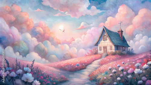 A charming little cottage nestled among rolling hills, surrounded by blooming flowers and chirping birds under a dreamy, cotton candy sky. photo