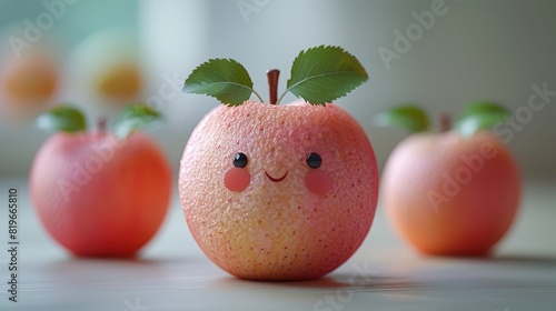 Cute and cheerful apples with smiling faces and green leaves, perfect for themes of happiness, health, and creativity. photo