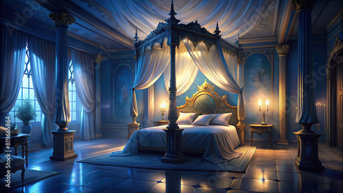 An elegant bedroom with a king-sized bed dressed in crisp white linens, framed by opulent drapes and soft, ambient lighting.