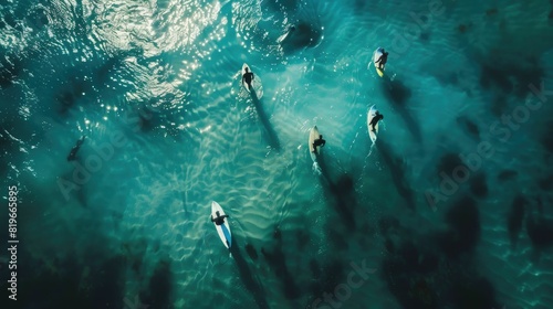 A group of surfers are riding wind waves on the electric blue water, enjoying a recreational event in the ocean. The marine biology and patterns underwater add to the beauty of the scene AIG50 © Summit Art Creations