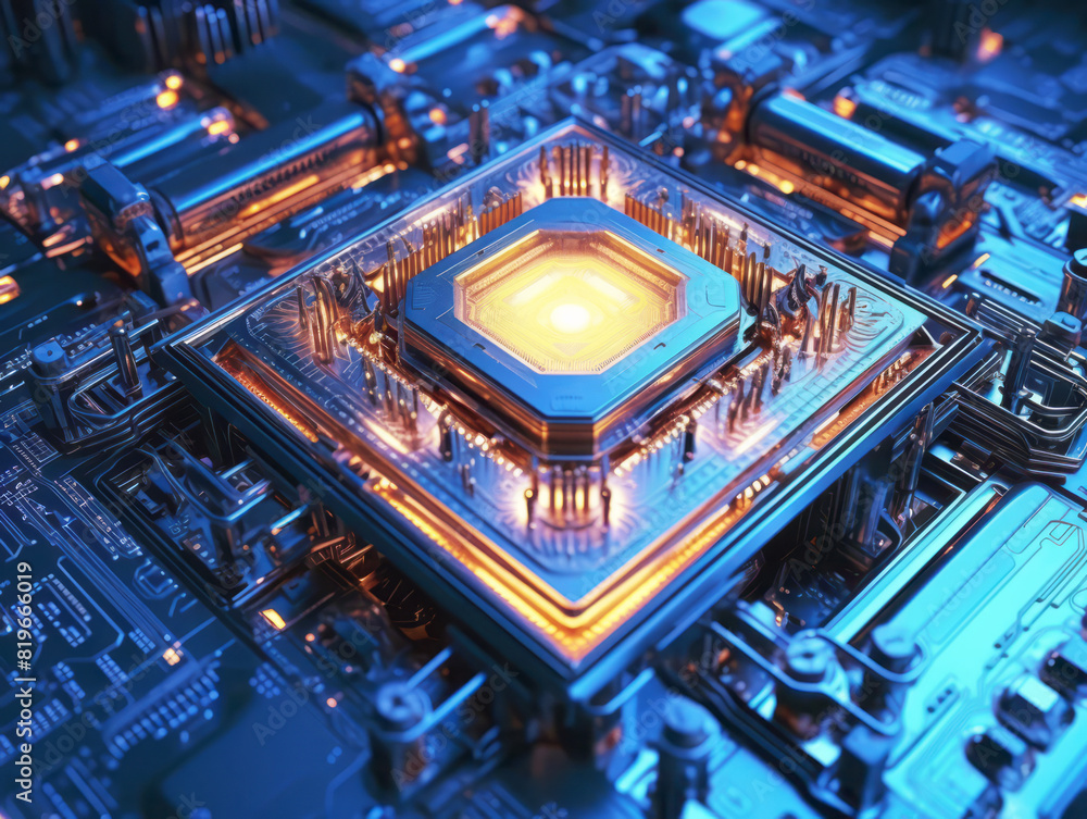 A close-up view of a futuristic circuit board with a glowing core, complex design, illuminated blue and orange. Generative AI A close-up view of a futuristic circuit board with a glowing core, complex design, illuminated blue and orange. Generative AI
