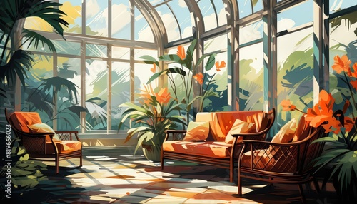 Sunroom background flat design top view vibrant plant haven theme water color Analogous Color Scheme