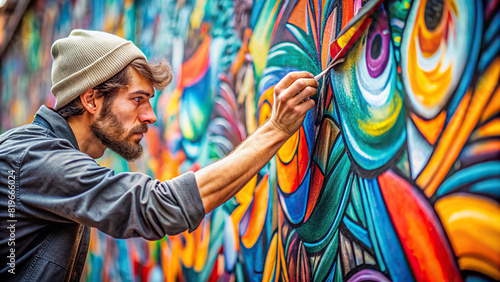 A close-up shot of a graffiti artist adding finishing touches to a colorful mural, capturing the intensity and focus of the creative process
