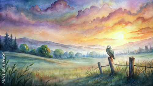 Watercolor painting capturing the tranquility of a meadow at sunset  with a lone owl perched majestically atop a weathered fence post.