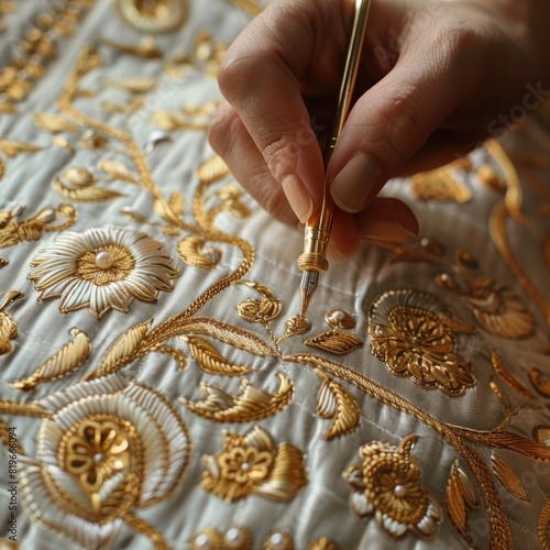 The artist's hand holding a pen, creates intricate patterns on silk with gold ink. The background is a white tablecloth decorated with elegant calligraphy designs in the style of a calligrapher.
