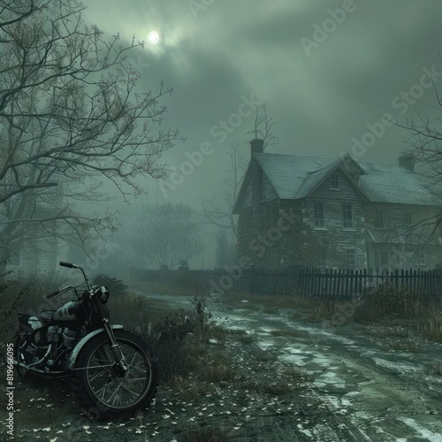 Ghostly Nostalgia A D Rendered Abandoned House and Vintage Motorbike in Haunting Illumination photo
