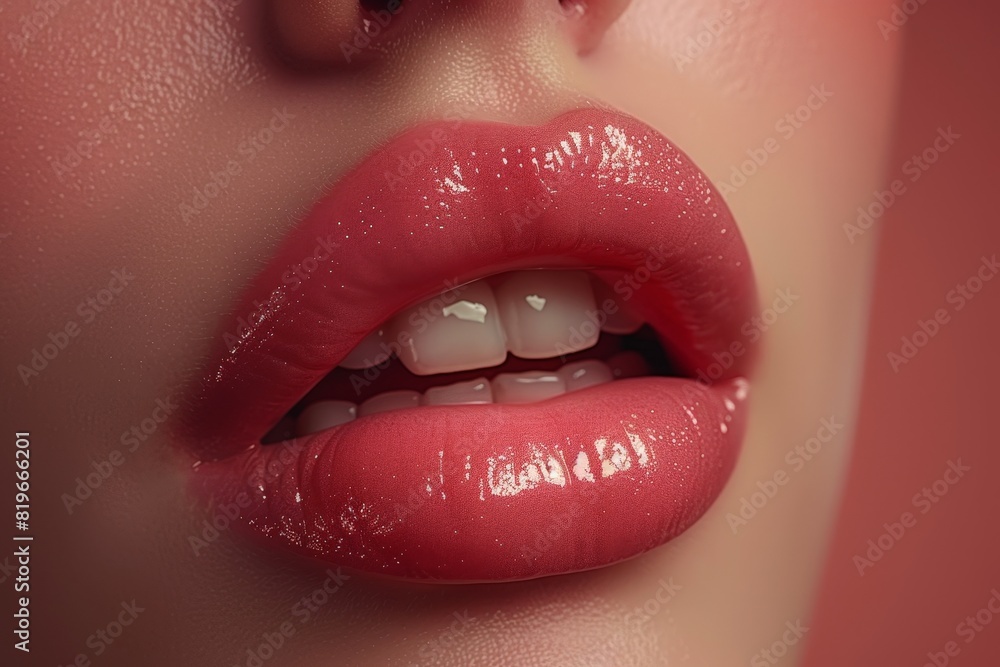 Obraz premium Close-up of woman's lips with natural pink lipstick, highlighting beauty and skincare.