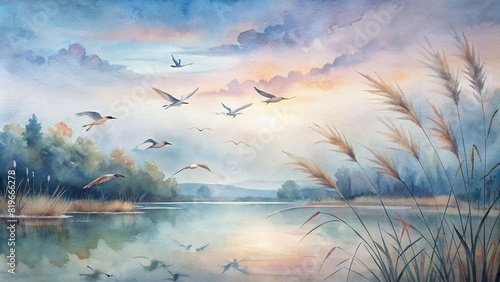 A charming illustration of a flock of birds soaring gracefully over a tranquil lake, with reeds swaying in the gentle breeze © Woonsen