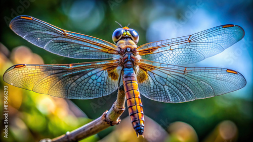 Macro view of a dragonfly perched on a twig, with wings spread out © prasit