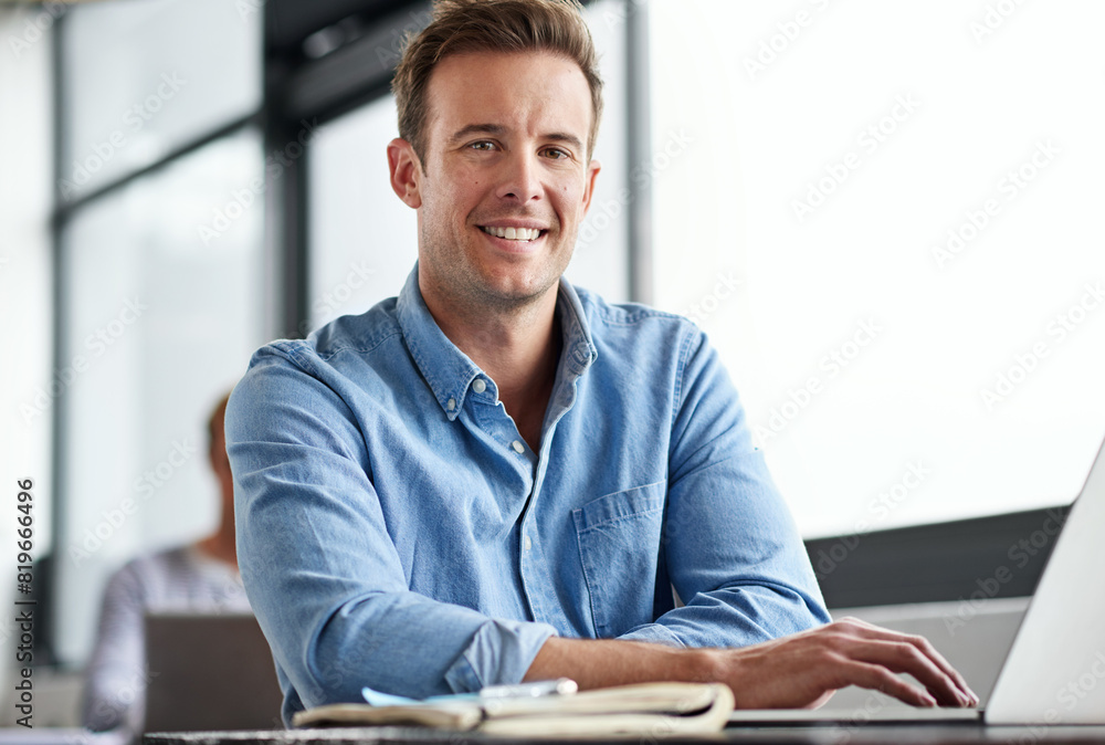 Smile, portrait and businessman with laptop in office, internet and digital information. Software developer, male employee and computer for high tech, web search and application inspection Smile, portrait and businessman with laptop in office, internet and digital information. Software developer, male employee and computer for high tech, web search and application inspection