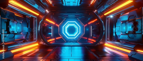 A blank podium showcasing a futuristic corridor with glowing blue and orange lights and a central octagonal portal photo