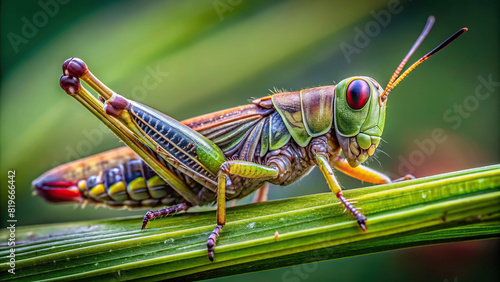 Macro view of a grasshopper perched on a blade of grass, showcasing antennae and compound eyes