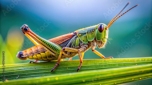 Macro view of a grasshopper on a blade of grass, with clear background