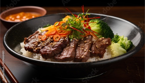 Bibimbap, Korean dish of mixed rice, vegetables, and meat, popular and iconic Korean food