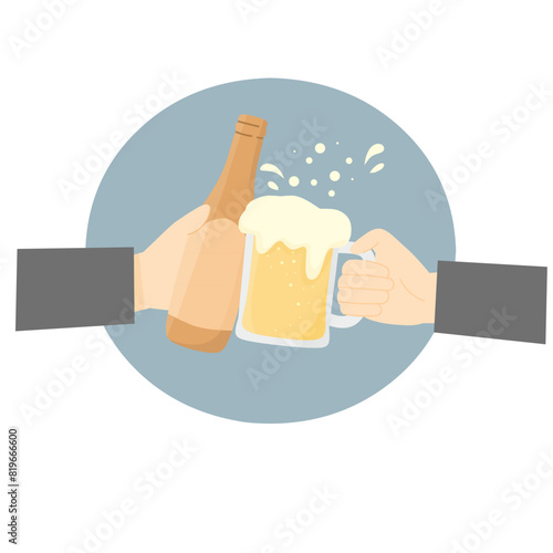 person holding a glass of beer and a beer bottle, cheers illustration,  toasting  a glass of beer in hands