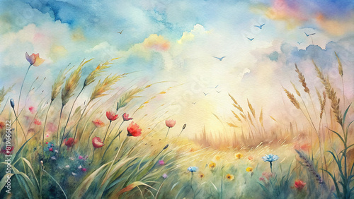 A gentle breeze ripples through a field of tall grass, carrying with it the sweet scent of blooming wildflowers and the distant call of songbirds photo