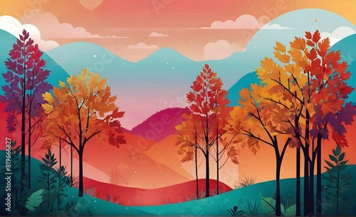 Vector illustration in trendy flat style and bright vibrant gradient colors - background with copy space for text  leaves and trees