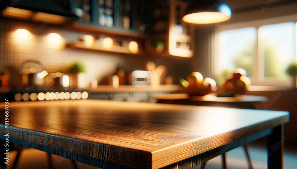 Close-up of an empty wooden table with a blurred kitchen background, representing a modern interior concept. Generative AI Close-up of an empty wooden table with a blurred kitchen background, representing a modern interior concept. Generative AI
