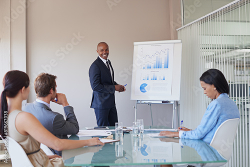 Business, people and statistics presentation in office, company and financial progress and budget review. Meeting, collaboration and analyst with report document, sale or revenue projections