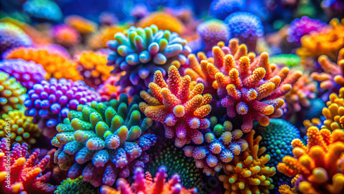 A cluster of colorful coral under the sea, each detail captured in macro focus