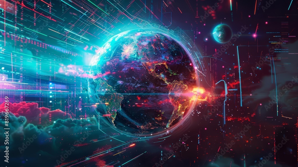 A cyberpunk Earth with neonlit continents and digital interfaces A cyberpunk Earth with neonlit continents and digital interfaces