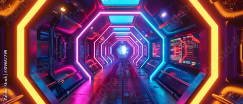 A cyberpunkthemed corridor with neon lights in various colors photo