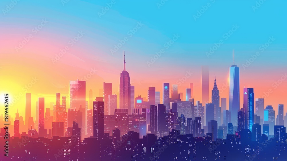 Modern smart city skyline at sunset, futuristic skyscrapers with reflective facades, blue architectural background, corporate brochure template, copy space, Modern smart city skyline at sunset, futuristic skyscrapers with reflective facades, blue architectural background, corporate brochure template, copy space,