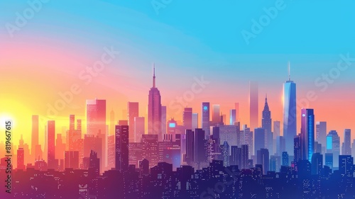 Modern smart city skyline at sunset  futuristic skyscrapers with reflective facades  blue architectural background  corporate brochure template  copy space 