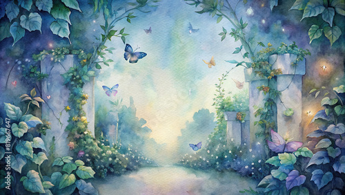 A dreamy watercolor scene of a secret garden hidden behind a tangle of ivy-covered walls, where butterflies flit among the blossoms under the soft glow of twilight photo