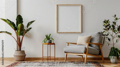 Blank frame on the wall above a cozy armchair, with a rug, side table, and houseplants, in a stylish and inviting living room,