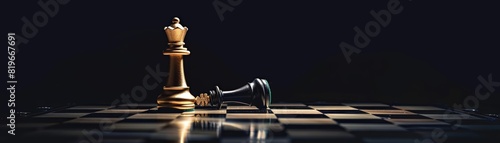A dramatic image of a gold queen chess piece standing upright next to a fallen black king on a chessboard The background is a stark black