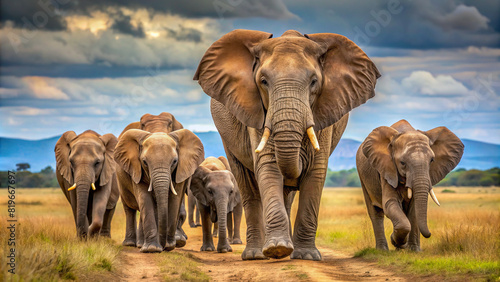 A family of elephants walking in unison, their wrinkled skin and long tusks making them a sight to behold. photo