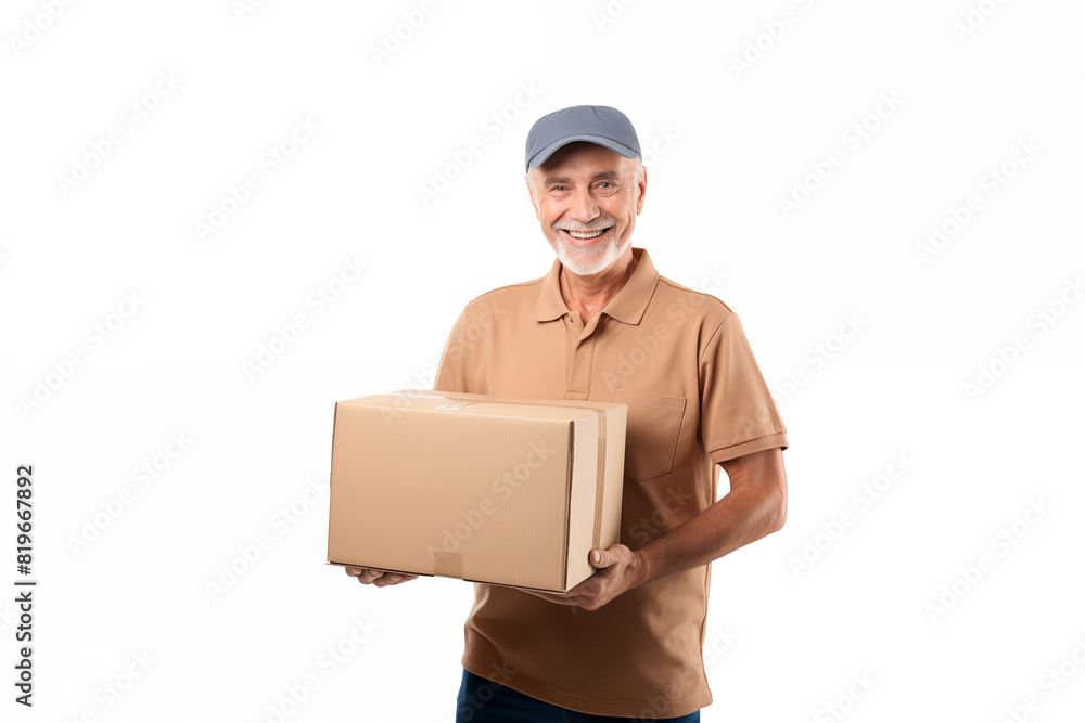 Middle aged man over isolated white background holding delivery box Middle aged man over isolated white background holding delivery box