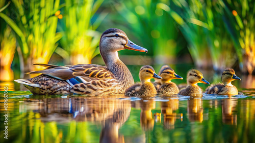 A family of ducks swimming peacefully in a tranquil pond, captured in macro detail