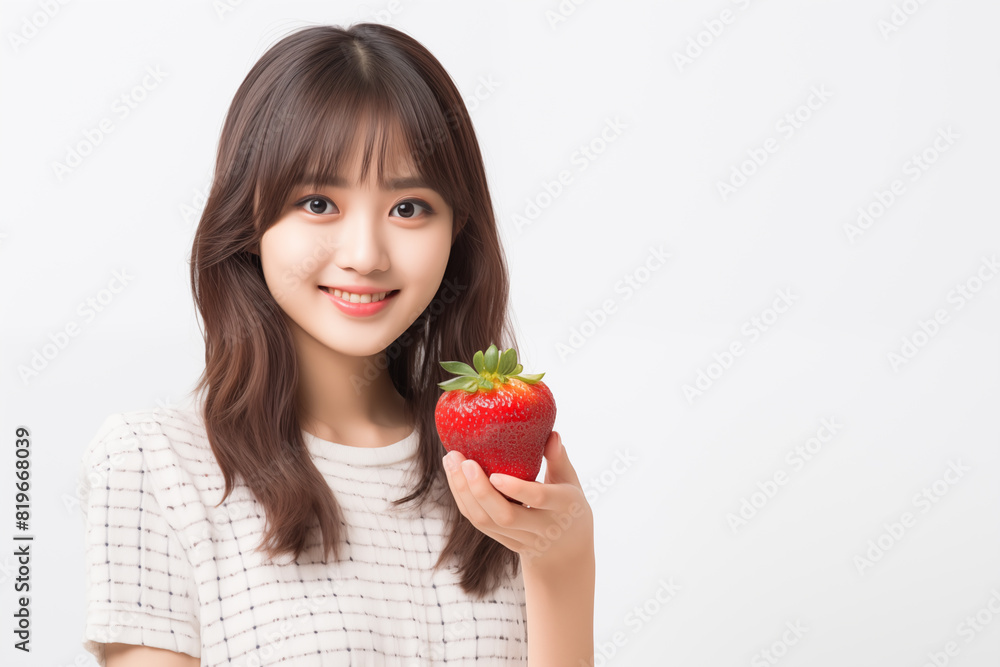 Teen pretty Japanese girl over isolated white background holding strawberry Teen pretty Japanese girl over isolated white background holding strawberry