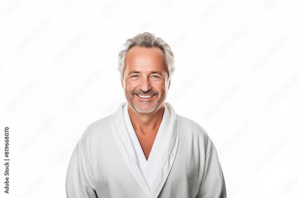 Middle aged man over isolated white background in a bathrobe Middle aged man over isolated white background in a bathrobe