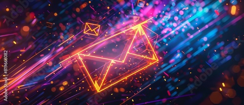 A glowing, neon email icon with geometric shapes flying around it, set against a dark, futuristic background with vibrant, colorful light trails and digital particles