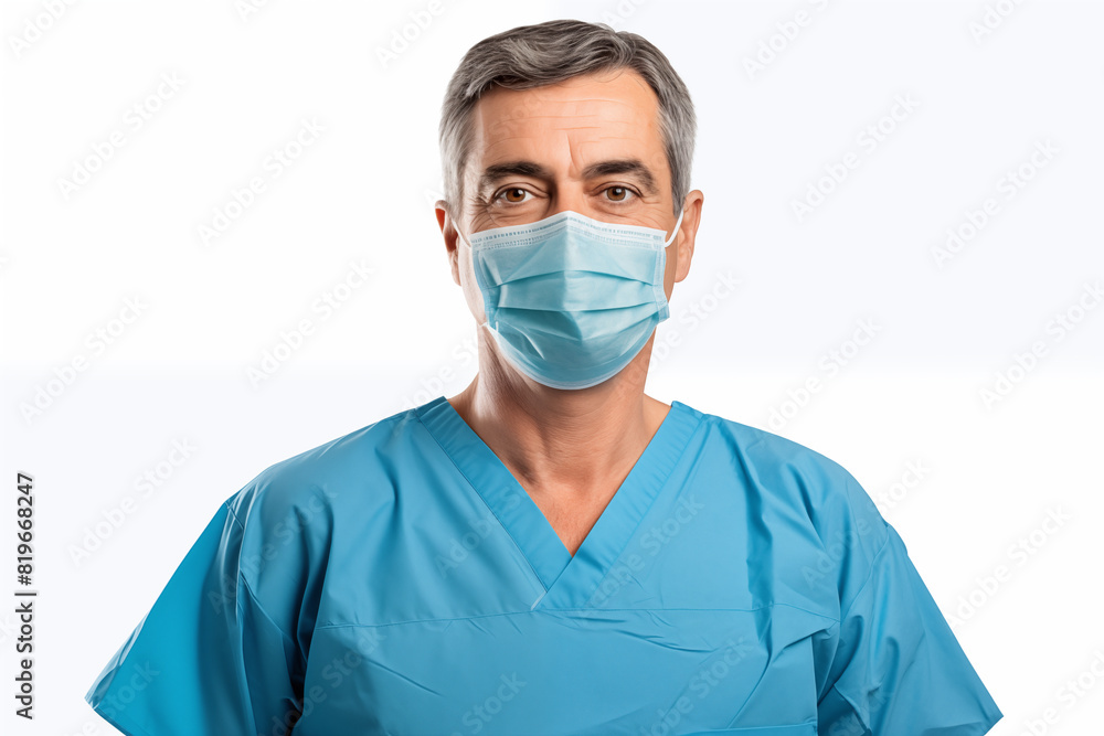 Middle aged man over isolated white background with doctor uniform Middle aged man over isolated white background with doctor uniform